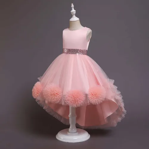 Vista 2 de Vestido de princesa para niñas para boda, fiesta de cumpleaños, vestido de tul alto bajo, vestido de baile de lentejuelas con tren