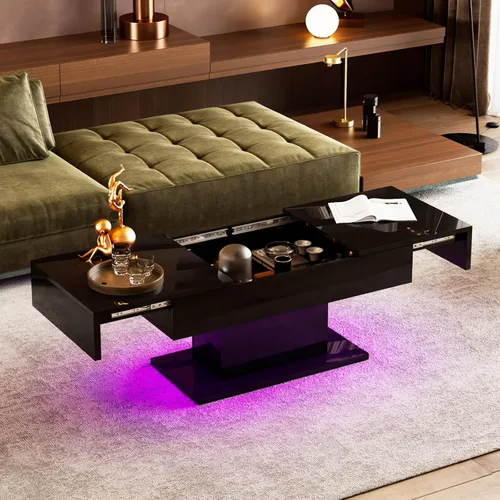 Vista 7 de Mesa de café negra moderna con almacenamiento oculto para sala de estar, mesa central rectangular de sala de estar con tapa deslizante y luces LED
