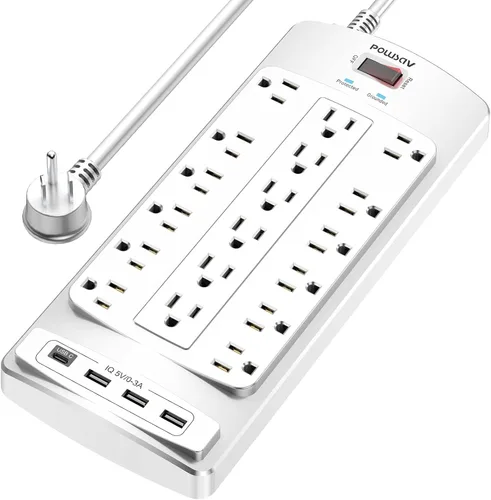 Vista 9 de Regleta protectora de sobretensiones de 18 tomas – Cable de extensión de enchufe plano de 6 pies resistente con 18 tomas amplias y 4 puertos USB