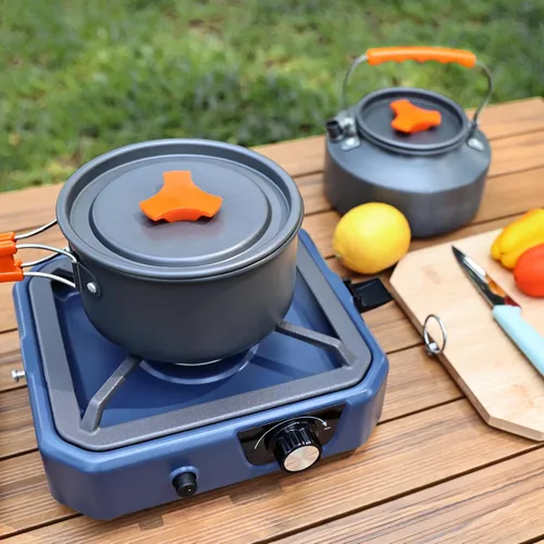 Vista 4 de Estufa de camping de propano inoxidable 304 de 2 quemadores con plancha, estufas portátiles de propano con 24000BTU, compatible con sartén
