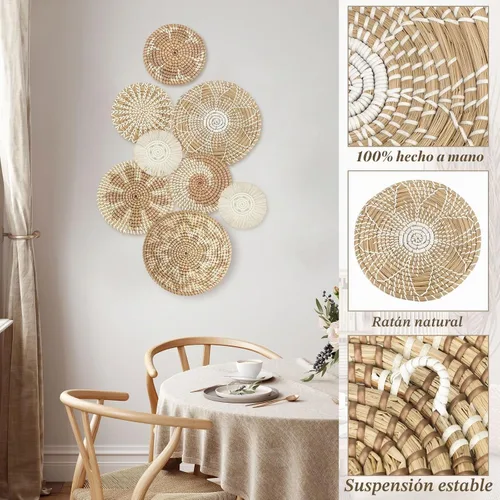 Vista 5 de Xuhal Juego de 8 cestas de pared colgantes tejidas, hechas a mano, decorativas, rústicas, estilo bohemio, cestas de pared artesanales de mimbre