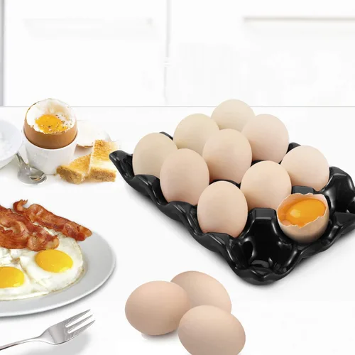 Vista 3 de Flexzion Bandeja de Cerámica para 12 Huevos - Portahuevos de Porcelana para Docena Completa Contenedor Organizador de Almacenamiento Soporte