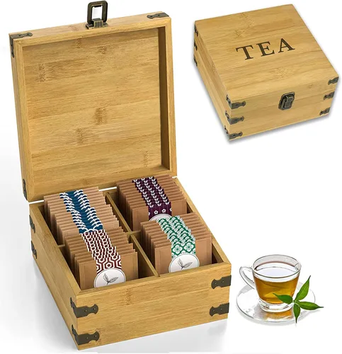 Vista 11 de Caja organizadora de té segura para alimentos, libre de productos químicos, baúl de almacenamiento de bambú, cubos ajustables