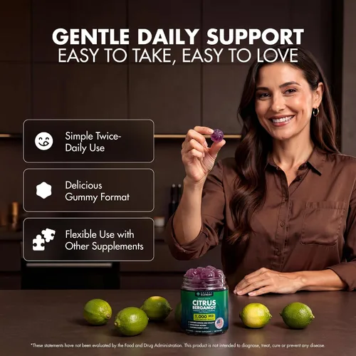 Vista 3 de Gomitas de bergamota cítrica de 1000 mg para mujeres y hombres, extracto de bergamota cítrica con berberina, CoQ10, cromo y vitamina C, apoyo