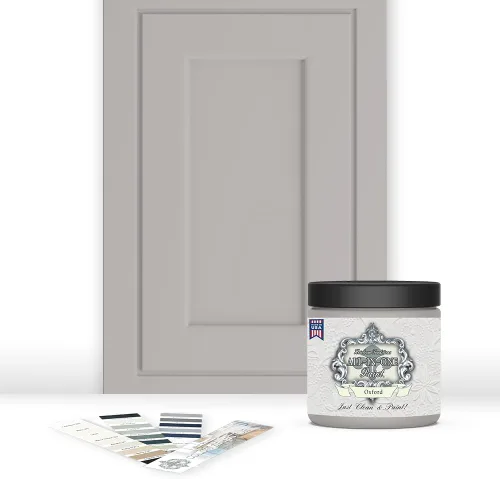 Vista 201 de Pintura TODO EN UNO, Abbey (gris cálido), Muestra de 8oz - Pintura duradera para gabinetes y muebles. Imprimación y capa superior incorporadas,
