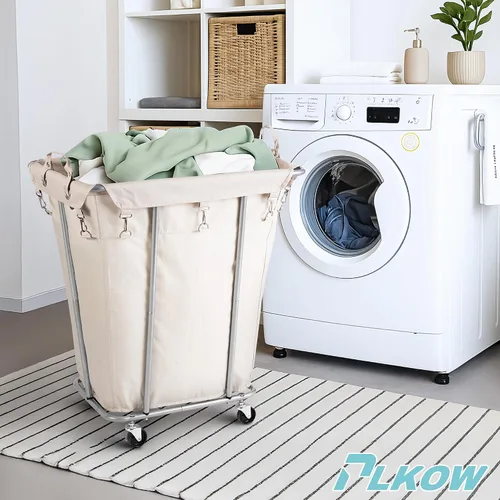 Vista 6 de PLKOW - Cesta de lavandería con ruedas de 120L, carrito de lavandería resistente con bolsa impermeable extraíble, cesta de ropa con estructura