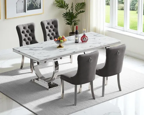 Vista 11 de Juego de mesa de comedor de mármol para 4, mesa de cocina rectangular de mármol blanco de 70 pulgadas con base en O de acero inoxidable dorado