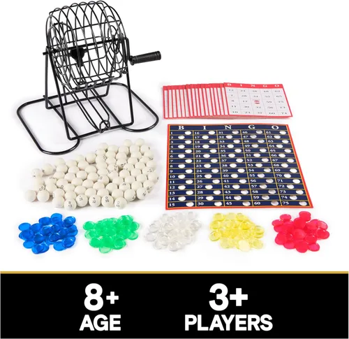 Vista 2 de Spin Master Games, Cardinal Classics, jaula de juego de bingo de metal de lujo con bolas numeradas, tarjetas de bingo, marcadores de bingo Daubers