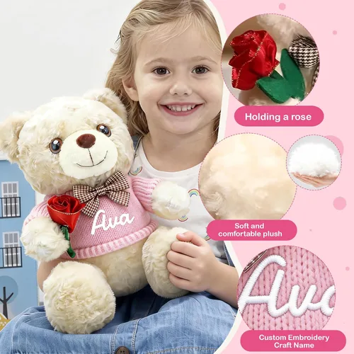 Vista 3 de Oso de peluche personalizado con nombre personalizado, regalo de felpa personalizado de 10 pulgadas para aniversario, día de San Valentín