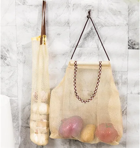 Vista 2 de Bolsas de comestibles reutilizables para verduras, frutas, soporte para mostrador de espacio, bolsa de almacenamiento de red para cebolla, papa