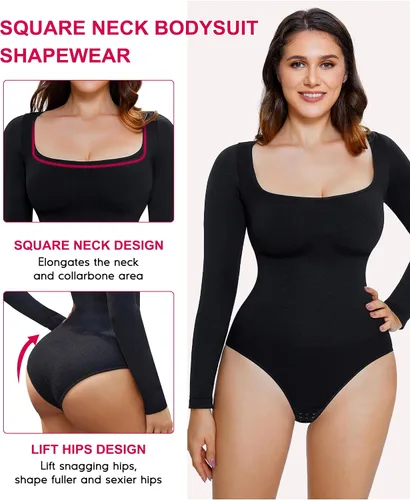 Vista 3 de Gotoly Body de manga larga para mujer, con control de abdomen, cuello cuadrado, básico, sin costuras, faja colombiana, moldeador de cuerpo