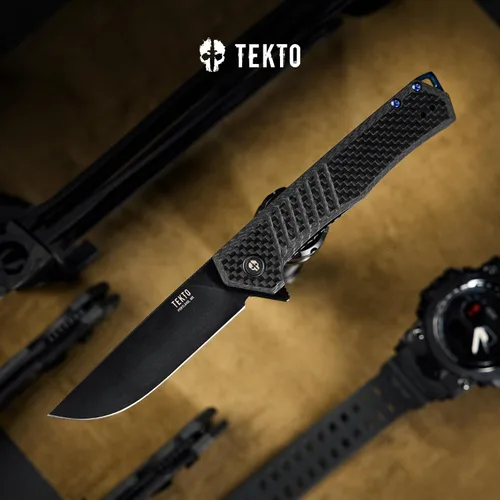 Vista 3 de TEKTO F1 Alpha - Cuchillo de bolsillo plegable, hoja trasera recta modificada, acero D2 recubierto de titanio, cuchillo táctico, cuchillos