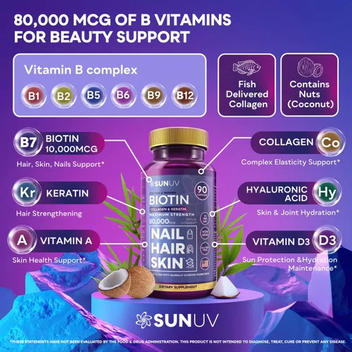 Vista 2 de SUNUV Biotina 10,000 mcg Colágeno Queratina - 80,000 mcg Vitaminas para el Crecimiento del Cabello para Mujeres y Hombres, Apoyo para la Piel