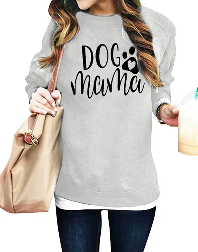 Vista 2 de ALLTB Sudadera con estampado de texto en inglés Dog Mom para mujer, sudadera de manga larga con estampado de letras