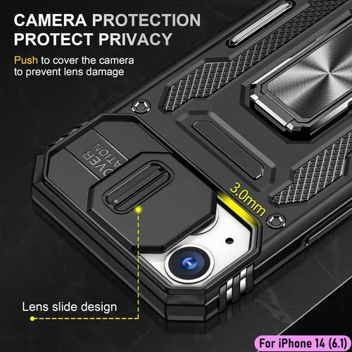 Vista 4 de Funda resistente para Apple iPhone 14, protección híbrida de goma de doble capa de grado militar con protector de cámara deslizante, soporte Negro