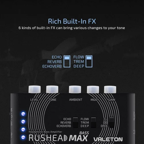Vista 3 de Valeton Rushead Max - Amplificador de bolsillo portátil para bajo, cargador USB, multiefectos
