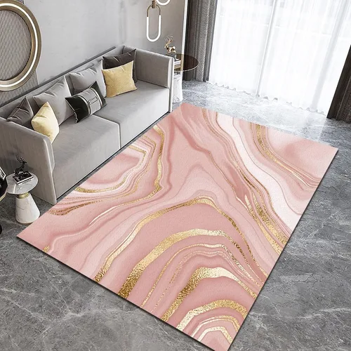 Vista 12 de Alfombra minimalista de lujo con diseño geométrico para sala de estar, alfombra moderna con estampado de mármol rosa dorado, alfombra rectangular