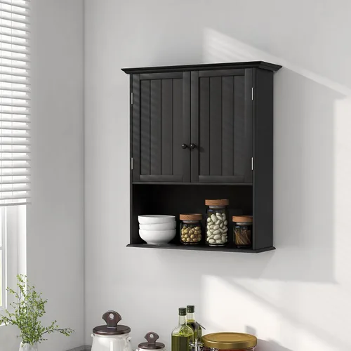 Vista 8 de LDAILY Armario de pared para baño, armario de almacenamiento sobre el inodoro con estante abierto, estante ajustable de 3 alturas y 2 puertas