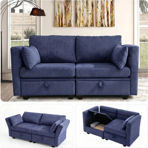 Vista 10 de Sofá con Otomano en Forma de L Pequeño con Asientos Almacenables de 57" Sofá Seccional Modular con Brazos y Respaldo Reclinables Sofá Convertible