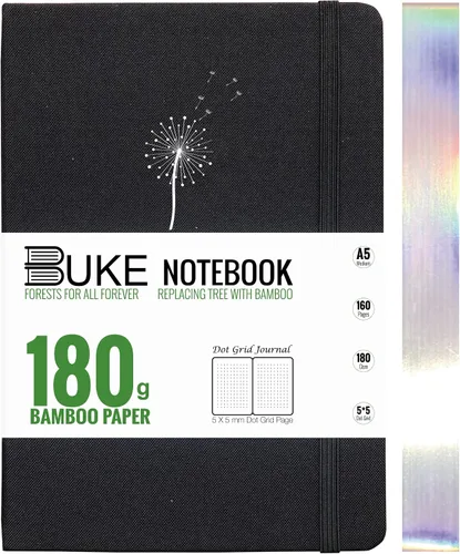 Vista 17 de BUKE Cuaderno de cuadrícula de puntos, papel blanco de bambú de 6.35 oz/m², 5 puntos de 0.197 x 0.197 in, 160 páginas, encuadernación plana, bordes