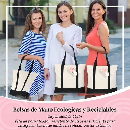 Vista 7 de Sherr Bolsa de lona a granel con bolsillo exterior, 21 pulgadas, bolsas de playa grandes de algodón con cremallera, bolsas de compras lavables