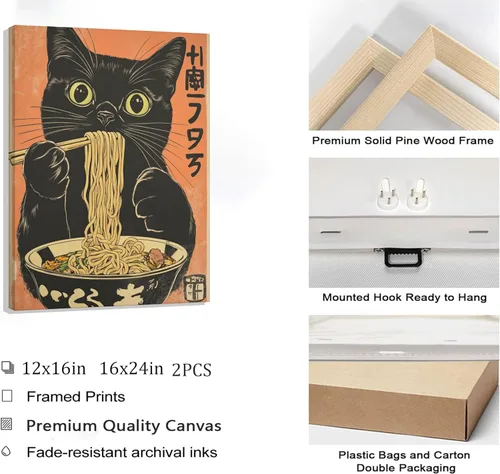 Vista 6 de Lienzo de pared de gato japonés vintage, arte de pared, diseño de gato negro peculiar que come ramen, póster retro divertido de rana comiendo