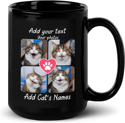 Vista 9 de Taza de cerámica negra personalizada para elegir nombre y foto con texto en inglés "Best Cat Dad Ever Just Ask", taza de café personalizada de 11