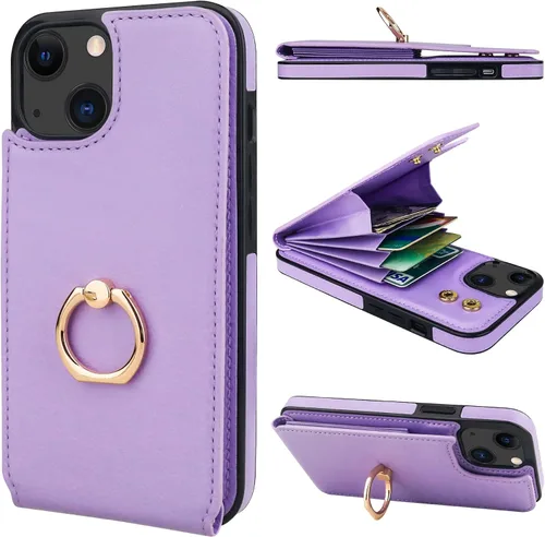 Vista 26 de Folosu Funda tipo billetera compatible con iPhone 14 con soporte para tarjetas, soporte de anillo para dedo con rotación de 360° y función atril