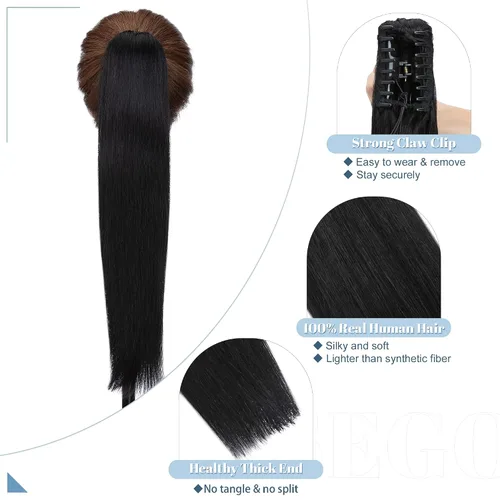 Vista 3 de SEGO Pinza de Gancho Extensión de Cola de Caballo Extensiones de Cabello Humano con Pinza para Cola de Caballo Extensiones de Cabello Real de Cola