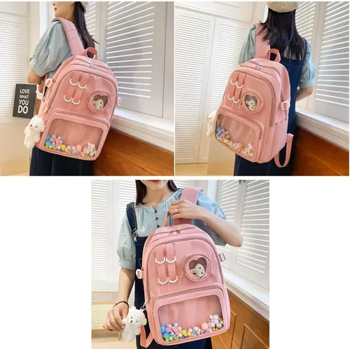 Vista 5 de Mochila Kawaii con bonitos accesorios de 15.6 pulgadas, bolsa de muñeca de oso estética, antirrobo, viaje, nuevo semestre, regalos, Rosado, Moderno