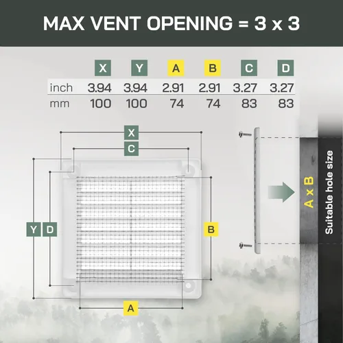 Vista 2 de Vent Systems 3 x 3 pulgadas (dimensiones de apertura) - Cubierta de ventilación de plástico blanco Soffit - Rejilla de ventilación cuadrada plana