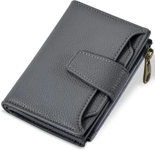 Vista 18 de Airkit Cartera para mujer, pequeña cartera de cuero para mujer, plegable, compacta, con bloqueo RFID, tarjetero de crédito, mini bolso de viaje