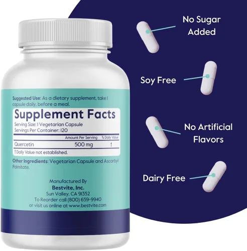 Vista 3 de BESTVITE Quercetina 500mg (120 cápsulas vegetarianas) - Sin estearatos - Sin dióxido de silicio - Vegano - Sin OMG - Sin gluten