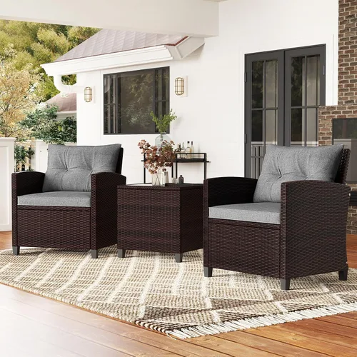 Vista 10 de Moderno juego de muebles de mimbre beige de 3 piezas para patio con cojines resistentes al agua y mesa de vidrio templado