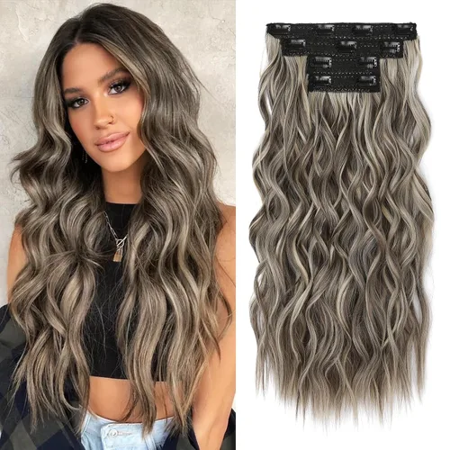 Vista 27 de REECHO Extensiones de cabello con pinza, 4 piezas de extensiones de cabello rubio de 24" de largo, ondas de playa gruesas, HE003, trama de encaje