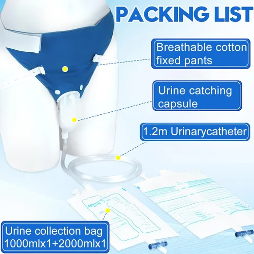 Vista 3 de Urinario masculino a prueba de fugas que incluye bolsa de orina de 33.8 fl oz/67.6 fl oz, tubo de 1,2 M y pantalones de soporte transpirables