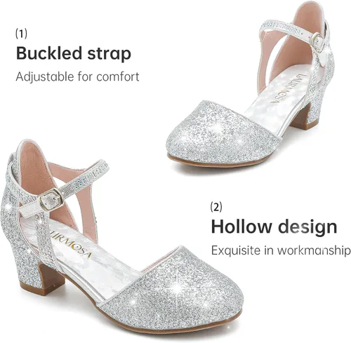 Vista 5 de Zapatos de vestir para niñas, puntera cerrada, tacones altos y gruesos, correa para el tobillo, zapatos de tacón para boda y fiesta