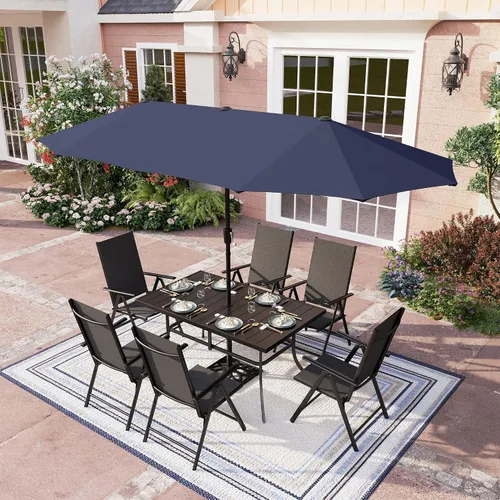 Vista 26 de PHI VILLA Juego de comedor de patio de 5 piezas con sombrilla de 10 pies (beige), juego de mesa y sillas para exteriores con sillas de comedor