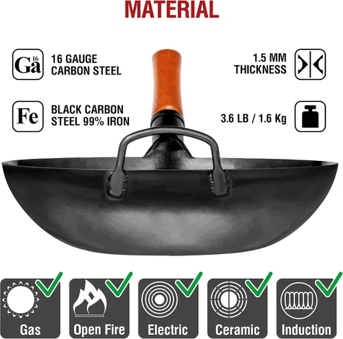 Vista 4 de YOSUKATA Sartén wok de acero al carbono – Sartenes para freír de 13.5 pulgadas – Wok chino con pow de fondo plano + tapa de wok de 12.8 pulgadas +
