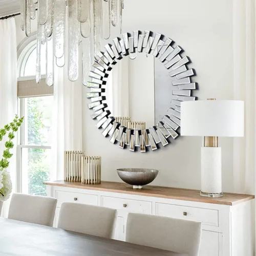 Vista 8 de Chende Espejo redondo – Espejo decorativo de 32 pulgadas con marco de vidrio biselado, acento moderno para sala de estar, vestíbulo, dormitorio