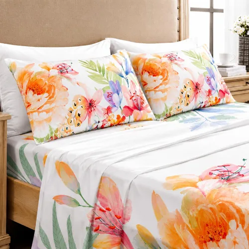 Vista 20 de YIYEA Juego de sábanas individuales, sábanas de hotel de calidad de 1800 hilos de microfibra doble cepillada con flores para cama individual, extra