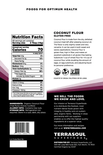 Vista 2 de Terrasoul Superfoods Harina de coco orgánica, 4 libras, sin gluten, sin refinar, textura fina, calidad prémium