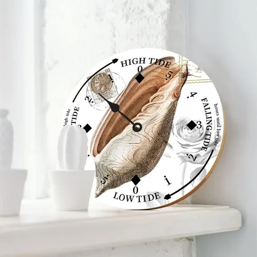 Vista 2 de Reloj de marea de madera con concha de caracola, hora del océano, marea alta costera, reloj de marea baja, movimiento de marea náutica de madera