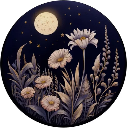 Vista 3 de PopSockets de flores silvestres con diseño floral de luna boho sobre fondo azul oscuro