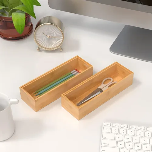 Vista 3 de VeyFey Bandeja de cubiertos para cajón, organizador apilable de bambú para cajones de cocina, 9 x 3 x 2 pulgadas, juego de 2