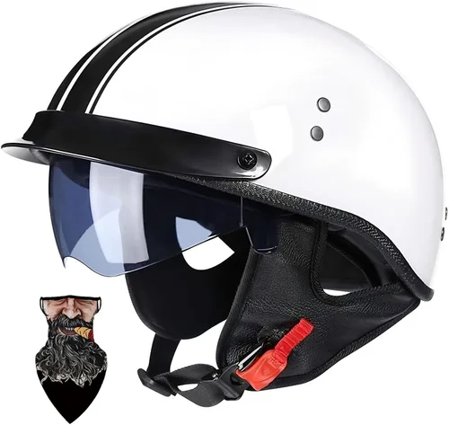 Vista 17 de Casco Moto Retro Vintage Jet Medio para Hombre y Mujer Adultos, DOT Homologado, Ventilación Dual, Visera Retráctil y Desmontable, Apto para Patinete