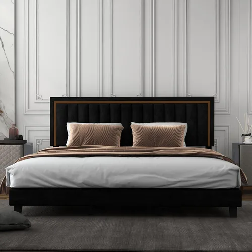 Vista 10 de Cama de plataforma tapizada de terciopelo tamaño Queen con diseño de ribete dorado, diseño sin ruido, base resistente con listones de madera, no Gris