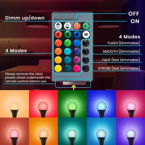 Vista 3 de Bombilla de luz que cambia de color con control remoto, 9 W, A19, E27, blanco cálido, 2700 K, 500 lúmenes, bombilla LED regulable, función