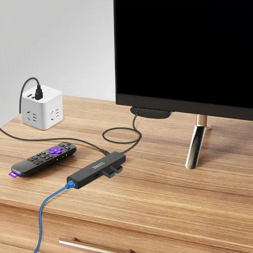 Vista 2 de OTG Adaptador Ethernet USB compatible con Roku Express 4K+ 2021 y Fire TV Stick Streaming Media Player - Micro USB a 3 puertos USB Hub con LAN
