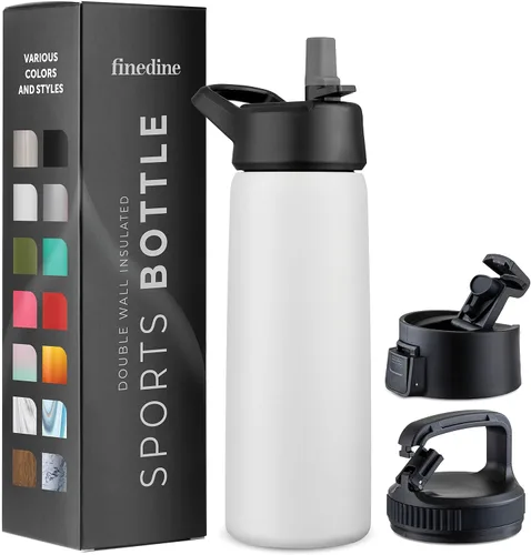 Vista 45 de FineDine Botellas de agua aisladas de triple pared con popote, botella de metal de acero inoxidable de 25 onzas con 3 tapas a prueba de fugas